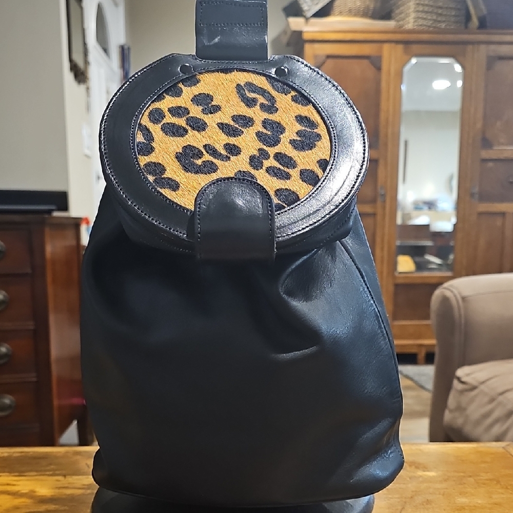 MAX NEW YORK Black Leather Shoulder Bag - Cow Hair Leopard Embellishment